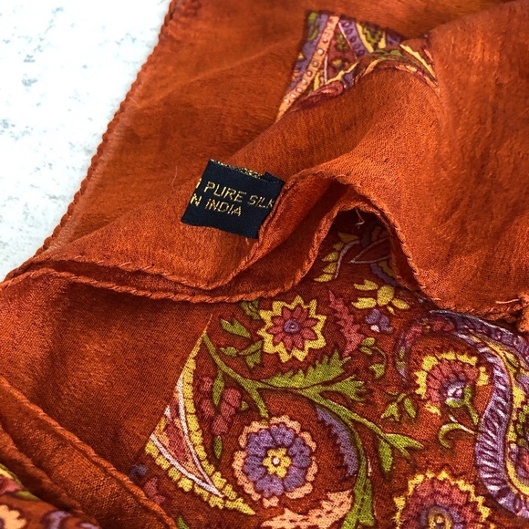 Handloom Pure Silk Scarf India Vibrant Rich Burnt Orange Terracotta  43”x43” - Picture 4 of 16